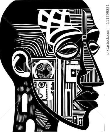 Abstract art vector outline illustration of african man face. Black and white coloring page of human face portrait. Modern print, poster image. Abstract art vector outline illustration of african man face. Black and white coloring page of human face portrait. Modern print, poster image. 111299821