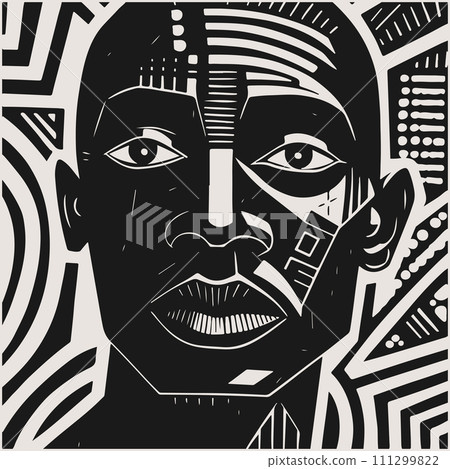 Abstract art vector outline illustration of african man face. Black and white coloring page of human face portrait. Modern print, poster image. Abstract art vector outline illustration of african man face. Black and white coloring page of human face portrait. Modern print, poster image. 111299822