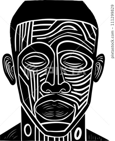 Abstract art vector outline illustration of african man face. Black and white coloring page of human face portrait. Modern print, poster image. Abstract art vector outline illustration of african man face. Black and white coloring page of human face portrait. Modern print, poster image. 111299829