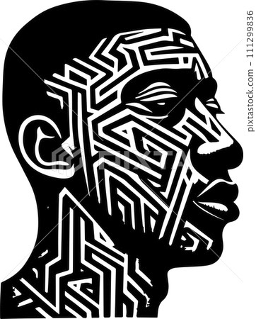 Abstract art vector outline illustration of african man face. Black and white coloring page of human face portrait. Modern print, poster image. 111299836