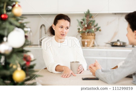 Mother and son discussing something Mother and son discussing something 111299859