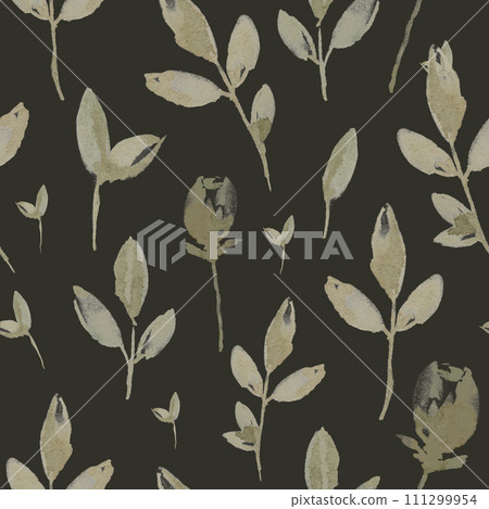 Watercolor botanical seamless pattern with roses, stems and leaves on dark background 111299954