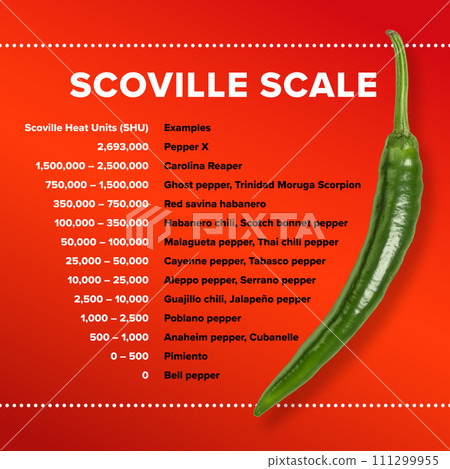 Table with Scoville scale for most popular chili peppers. Scoville Heat Units, SHU, measurement of pungency, spiciness or heat, based on concentration of capsaicinoids, which capsaicin is predominant. 111299955
