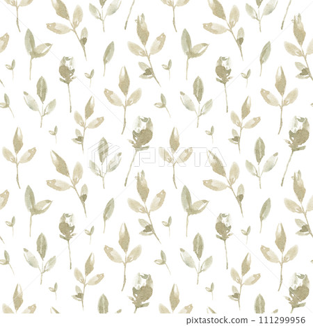 Watercolor botanical seamless pattern with roses, stems and leaves on white background 111299956