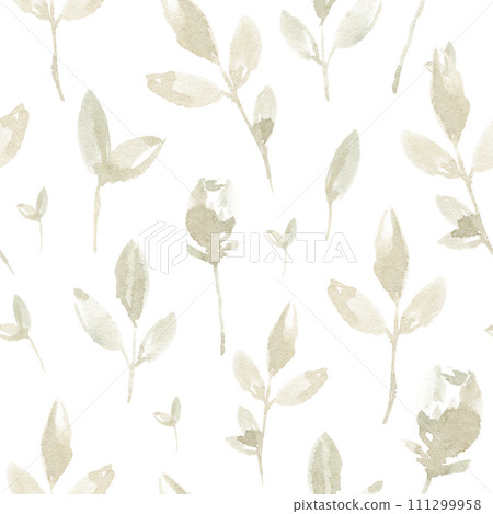 Watercolor botanical seamless pattern with roses, stems and leaves on white background 111299958