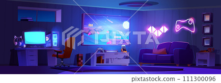 Room interior with setup to play game and stream 111300096