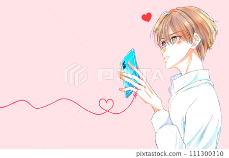 A man happily touching his smartphone. Love red thread. 111300310