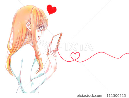 一位女士高興地觸摸她的智慧型手機。喜歡紅線。 一位女士高興地觸摸她的智慧型手機。喜歡紅線。 111300313