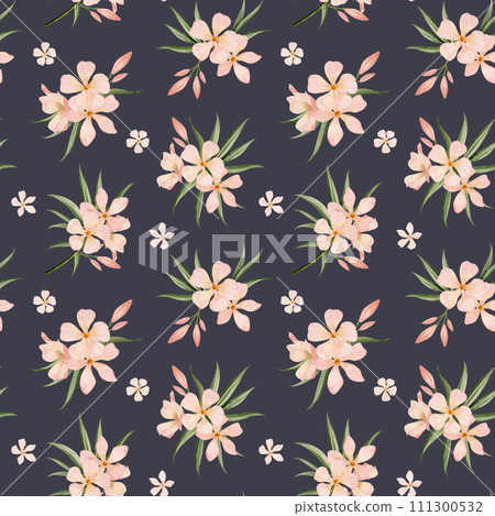 Oleander watercolor seamless pattern with tropical flowers and leaves on dark blue in peach pink pastel colors Oleander watercolor seamless pattern with tropical flowers and leaves on dark blue in peach pink pastel colors 111300532