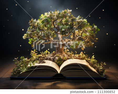 Tree growing from an open book on a dark background. Conceptual image. Generative AI 111300852