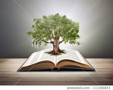 Open book with a tree growing out of pages on a wooden table and dark background. Generative AI 111300853