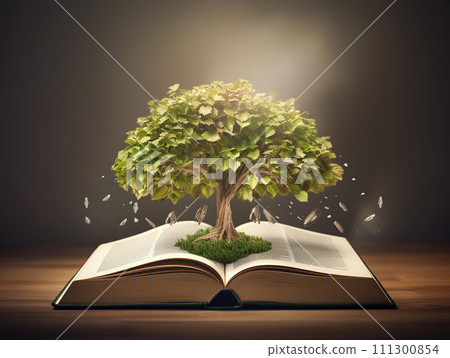Open book with green tree growing out of pages on wooden table and dark background. Generative AI 111300854