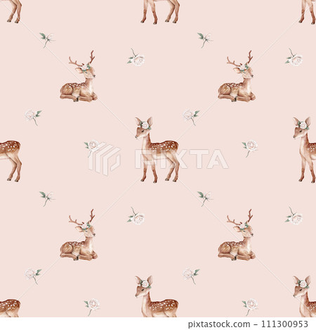 Seamless pattern watercolor deer and white roses. Spotted deer isolated on white background. Hand painted wild animal and flowers, leaves. template for fabric. Realistic animal for design and print 111300953