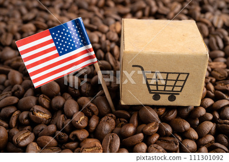 USA America flag with shopping cart on coffee bean, import export trade online commerce. USA America flag with shopping cart on coffee bean, import export trade online commerce. 111301092
