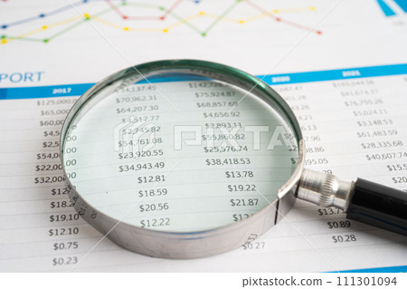 Magnifying glass on spreadsheet and graph paper. Financial development, Banking Account, Statistic, Investment Analytic research data economy, Business. Magnifying glass on spreadsheet and graph paper. Financial development, Banking Account, Statistic, Investment Analytic research data economy, Business. 111301094