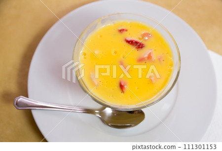 Custard with ripe strawberry Custard with ripe strawberry 111301153