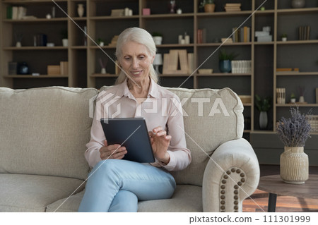 Satisfied mature woman spend leisure on internet using digital tablet Satisfied mature woman spend leisure on internet using digital tablet 111301999