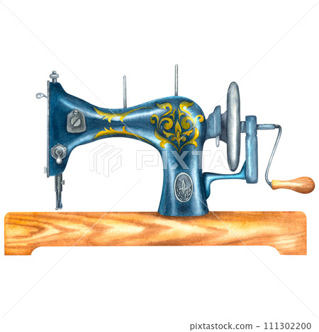 Watercolor vintage sewing machine on a wooden stand. Hand drawn illustration of antique blue metal sewing machine on isolated background. For sewing studio, clothes tailors logo, retro fashion Watercolor vintage sewing machine on a wooden stand. Hand drawn illustration of antique blue metal sewing machine on isolated background. For sewing studio, clothes tailors logo, retro fashion 111302200