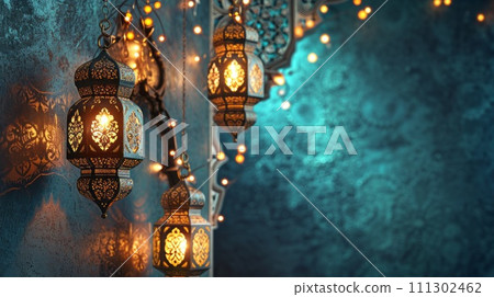 Arabic lantern of ramadan celebration background. Traditional Islamic holy holiday 111302462
