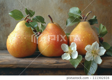wet pears with flowers and leaves 111302816