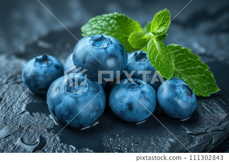 wet blueberries on a black background wet blueberries on a black background 111302843