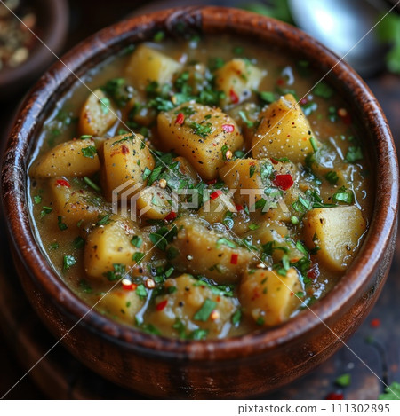 boiled potatoes in a clay bowl 111302895