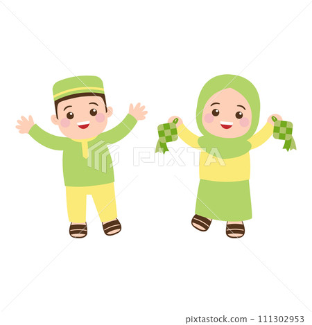 Cute man and woman celebrating eid mubarak with ketupat 111302953