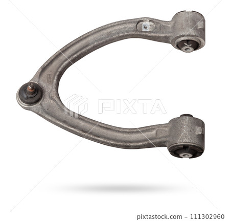 Curved metal chassis arm lever with ball and rubber-metal joint with bushings - silent block on a white isolated background. Detail for suspension repair in a workshop or garage. Curved metal chassis arm lever with ball and rubber-metal joint with bushings - silent block on a white isolated background. Detail for suspension repair in a workshop or garage. 111302960