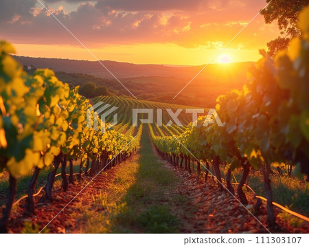 vineyard landscape at sunset 111303107