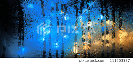 Background of misted glass. Christmas lights 111303587
