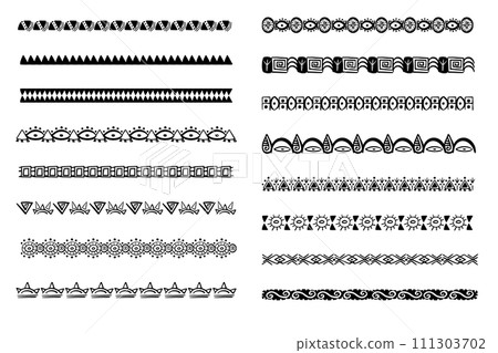 Set aztec tribal motive border in doodle hand drawn style from geometrical shapes isolated on white background. boho scandinavian srtoke, traditional native decor. 111303702