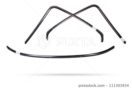 Silver plastic moldings for chrome glass in car windows - tuning element for sale in a car service on a white isolated background in a photo studio. Silver plastic moldings for chrome glass in car windows - tuning element for sale in a car service on a white isolated background in a photo studio. 111303934