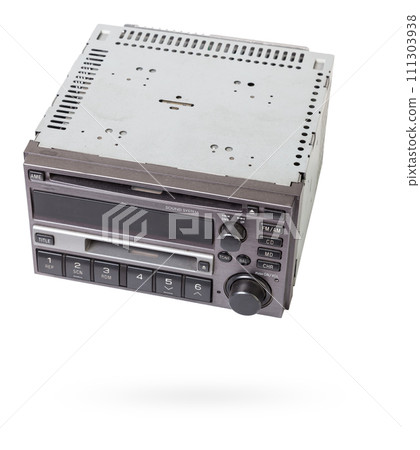 an media audio system and a radio in gray and black plastic of car with cd and mp3 music on white isolated background an media audio system and a radio in gray and black plastic of car with cd and mp3 music on white isolated background 111303938
