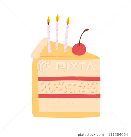 Piece of cake with candles isolated on white background. Hand drawn birthday cake. Vector illustration. 111304064