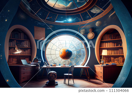 Fantasy astronomer room, astronomer kids room interior, generative ai 111304066