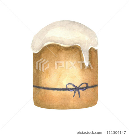 Easter cake with a purple bow. Watercolor illustration is hand-drawn on a white background. For textile design and souvenirs Easter cake with a purple bow. Watercolor illustration is hand-drawn on a white background. For textile design and souvenirs 111304147