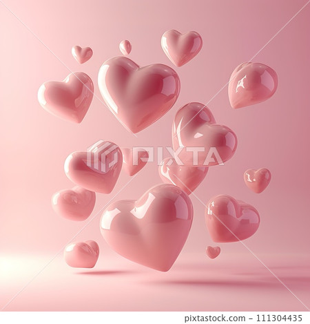 Glossy Pink Hearts Floating on Pastel Background Glossy Pink Hearts Floating on Pastel Background 111304435