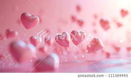Glossy Pink Hearts Floating on Pastel Background 111304443