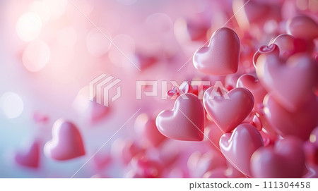 Glossy Pink Hearts Floating on Pastel Background Glossy Pink Hearts Floating on Pastel Background 111304458