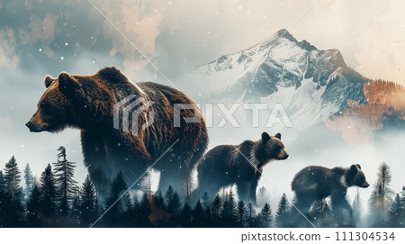 Giant forest spirits of bear with cubs at the background of snowy mountains. Double exposure, AI Generative 111304534