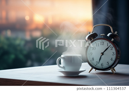 Cup of hot smoking coffee and alarm clock on the table at background of morning city street panorama, AI Generative 111304537