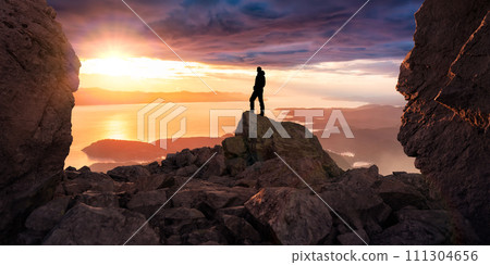 Adventure Man on top of Rocky Mountain Cliff. Mountain landscape from BC in Background. 3D Adventure Man on top of Rocky Mountain Cliff. Mountain landscape from BC in Background. 3D 111304656