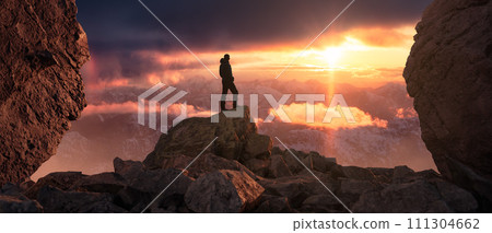 Adventurous Man Hiker standing on peak. Fog and Mountains in background. Adventure Composite 3d Rendering. Adventurous Man Hiker standing on peak. Fog and Mountains in background. Adventure Composite 3d Rendering. 111304662