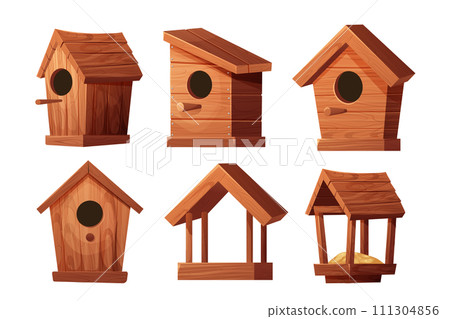 Set wooden bird feeder and bird house with roof, hole and seeds in cartoon style isolated on white background. Hanging construction, bird care. Set wooden bird feeder and bird house with roof, hole and seeds in cartoon style isolated on white background. Hanging construction, bird care. 111304856