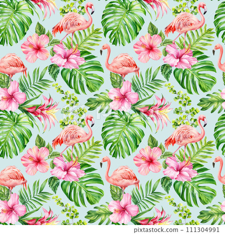 Seamless watercolor floral pattern, pink flamingo bird, summer background tropical hibiscus flowers, palm leaf Hawaiian 111304991