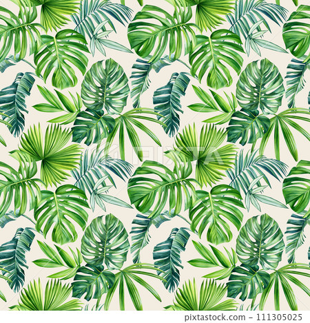 Tropical seamless pattern with exotic palm tree. Summer floral watercolor illustration. Creative jungle plant design Tropical seamless pattern with exotic palm tree. Summer floral watercolor illustration. Creative jungle plant design 111305025