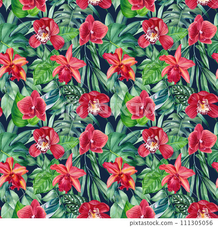 Tropical exotic leaves palm, orchid flowers and plants, floral background. Seamless pattern, watercolor summer wallpaper 111305056
