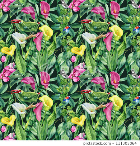 Tropical flower, Palm leaf watercolor botanical summer Seamless pattern. Watercolor tropical background hand drawn flora Tropical flower, Palm leaf watercolor botanical summer Seamless pattern. Watercolor tropical background hand drawn flora 111305064