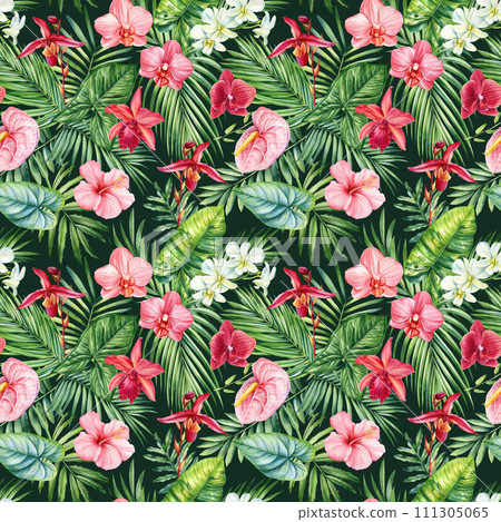 Tropical exotic leaves palm, orchid and hibiscus flowers, floral background Seamless pattern watercolor summer wallpaper Tropical exotic leaves palm, orchid and hibiscus flowers, floral background Seamless pattern watercolor summer wallpaper 111305065