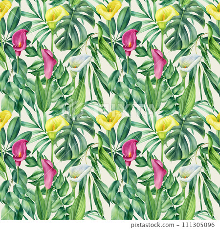 Tropical flower, Palm leaf watercolor botanical summer Seamless pattern. Watercolor tropical background hand drawn flora Tropical flower, Palm leaf watercolor botanical summer Seamless pattern. Watercolor tropical background hand drawn flora 111305096